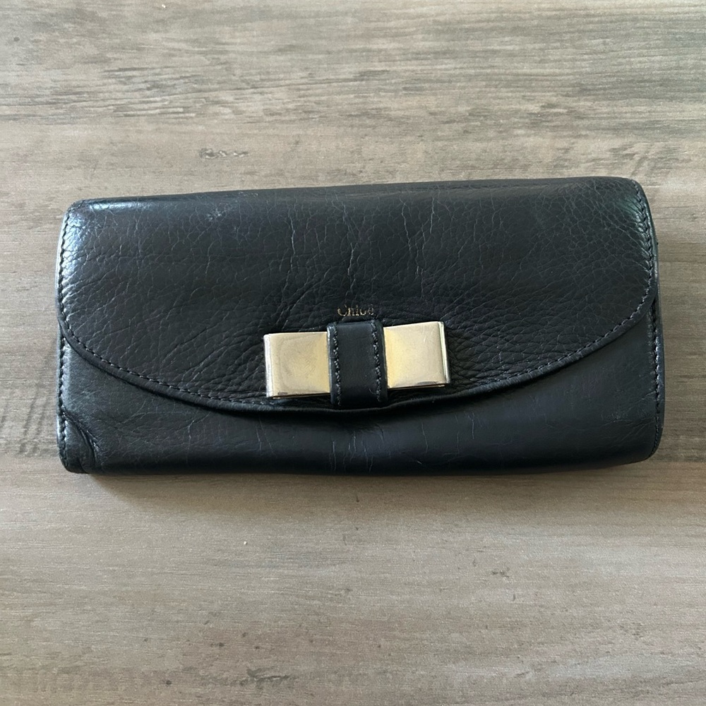 Chloe Black Leather Wallet with Bow Accent